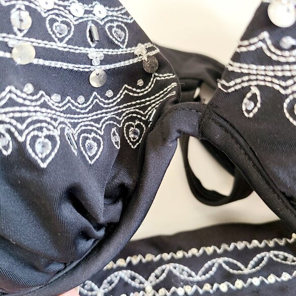 Swimsuit Top & Skirted Bottom Set Black Beaded Embroidered Padded Underwire - Picture 9 of 16